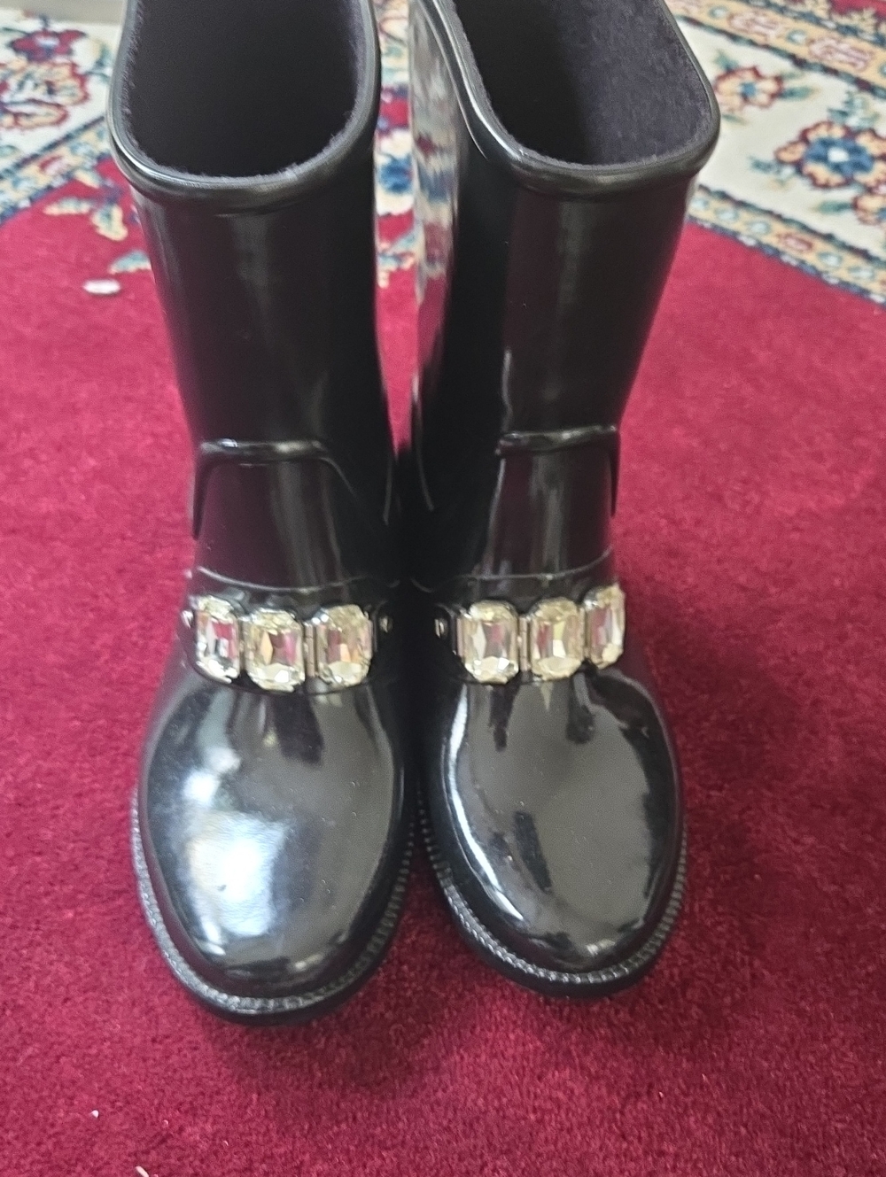 Michael Kors Black Patent Rain Boots with Clear Gem Accents